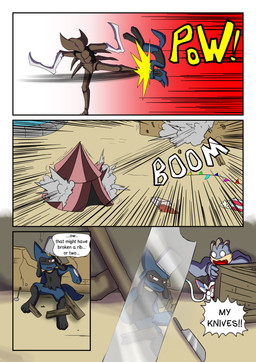 4_panel_comic anime_style anthro attack battle biped black_text blue_body blue_fur bow_ribbon box brown_body bucket claws container depth_of_field dialogue ellipsis empty_eyes exclamation_point eyes_closed female fight fingers fur group kick knife male motion_lines mouth_closed on_one_leg one_eye_closed open_mouth outside paws purple_eyes red_eyes reflection simple_background sitting smoke sound_effects speech_bubble standing tail talking_to_another talking_to_self tent text tongue water white_body white_eyes white_fur white_text yellow_text novaarts nintendo pokemon pokemon_mystery_dungeon spike_chunsoft hopps_(novaarts) lu_(novaarts) arthropod canid canine eeveelution fossil_pokemon generation_1_pokemon generation_4_pokemon generation_6_pokemon generation_8_pokemon insect kabutops lagomorph machamp mammal pokemon_(species) raboot riolu sylveon 2025 absurd_res comic digital_media_(artwork) english_text hi_res