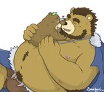 anthro belly big_belly brown_body brown_fur duo eyes_closed fur heart_symbol humanoid_hands kemono leaf male moobs navel nipples overweight overweight_male sitting young young_anthro mtflying30371 bear mammal 2018