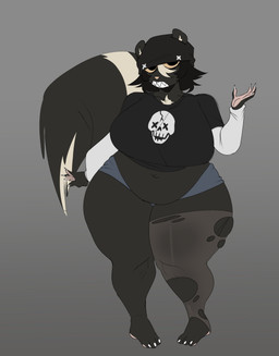 5_fingers anthro beanie belly big_breasts black_body black_clothing black_fur black_hair black_shirt black_topwear blue_bottomwear blue_clothing blue_hotpants blue_shorts bottom_heavy bottomwear breasts claws clothing curvy_figure eyelashes fangs feet female finger_claws fingers front_view fur grey_background grin hair hat headgear headwear highlights_(coloring) hotpants huge_breasts huge_hips huge_thighs markings multicolored_body multicolored_fur multicolored_hair navel one_stocking_on overweight overweight_anthro overweight_female pantyhose_rip pink_nose sharp_teeth shirt short_hair shorts simple_background skull_print skunk_tail slightly_chubby slightly_chubby_anthro slightly_chubby_female smile solo standing tail teeth thick_thighs toe_claws toes topwear torn_stocking two_tone_body two_tone_fur two_tone_hair voluptuous voluptuous_anthro voluptuous_female white_highlights white_markings white_sleeves wide_hipped_anthro wide_hipped_female wide_hips yellow_sclera ghostfuckrr siouxsie_(ghostfuckrr) mammal mephitid skunk 2023 colored digital_drawing_(artwork) digital_media_(artwork) flat_colors hi_res trans_(lore) trans_woman_(lore)