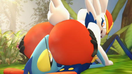 ambiguous_gender anthro big_butt blue_body buckteeth butt duo facesitting feet grass hand_on_another's_butt hand_on_butt kneeling looking_at_another looking_back looking_back_at_another lying multicolored_body on_back open_mouth open_smile outside plant rear_view red_body red_eyes red_mouth red_nose scut_tail short_tail sitting_on_another smile soles tail teeth thick_thighs two_tone_body white_body white_ears white_tail wide_hips yellow_eyelids yellow_eyes extrachunkthis nintendo pokemon cinderace generation_8_pokemon inteleon lagomorph leporid lizard mammal pokemon_(species) rabbit reptile scalie 16:9 2025 3d_(artwork) colored digital_media_(artwork) shaded source_filmmaker_(artwork) widescreen