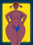 big_breasts bikini bikini_thong breasts bulge clothed clothing ear_piercing gynomorph hair huge_breasts intersex looking_at_viewer partially_clothed piercing red_hair simple_background solo swimwear thick_thighs two-piece_swimsuit isi bovid caprine goat humanoid mammal absurd_res hi_res