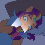 bed bite cellphone electronics female feral furniture green_eyes hair hooves multicolored_hair on_bed phone pillow pillow_bite purple_hair rainbow_hair smartphone solo marenlicious hasbro mlp_g5 my_little_pony sunny_starscout_(mlp) earth_pony equid equine horse mammal pony hi_res meme