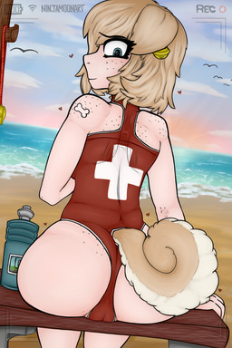 athletic athletic_female beach bell blonde_hair breasts butt butt_focus camera_view female fluffy fluffy_tail freckles hair lifeguard lifeguard_swimsuit looking_at_viewer markings rear_view sea seaside short_hair sitting sky solo sunset tail tattoo water whistle_(object) wide_hips ninjamoon lona_(ninjamoon) animal_humanoid canid canid_humanoid canine canine_humanoid dog_humanoid humanoid mammal mammal_humanoid 2:3 absurd_res hi_res