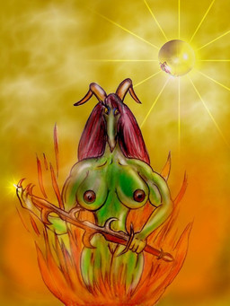 big_breasts breasts female fire holding_melee_weapon holding_object holding_sword holding_weapon melee_weapon nipples non-mammal_breasts non-mammal_nipples nude smoke solo sun sword weapon molkrom mythology dragon mythological_creature mythological_scalie scalie 3:4