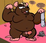 anthro balls belly brown_body clothing genitals hat headgear headwear male moobs navel overweight overweight_male penis solo text inked-waffle mammal murid murine rat rodent 2022 english_text