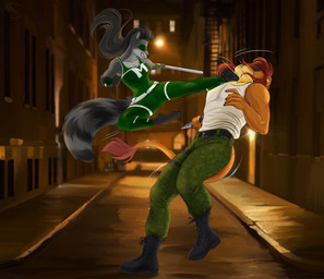 anthro black_hair black_nose boots bottomwear breasts brown_hair city clothed clothed_anthro clothed_female clothed_male clothing duo face_kick female fight footwear fur grey_body grey_fur hair kick knife male markings night pants shirt shoes striped_markings striped_tail stripes tail tail_markings tan_body tan_fur tank_top topwear cinnameana sharpfury_(gamegod210) felid lion mammal pantherine procyonid raccoon hi_res