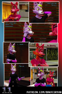 accessory anthro blue_clothing blush clothed clothing crossgender dialogue duo ear_piercing female fingers fire fireplace ftm_crossgender gradient_background green_hair hair headband laugh machine male male/female mtf_crossgender open_mouth piercing simple_background text binocszoomx10 disembowell_(modeler) red-eye_(modeler) five_nights_at_freddy's five_nights_at_freddy's:_security_breach scottgames steel_wool_studios fan_character fanmade_glamrock_foxy_(fnaf) glamrock_foxy_(fnaf) roxanne_wolf animatronic canid canine fox mammal robot 3d_(artwork) comic digital_media_(artwork) english_text hi_res url