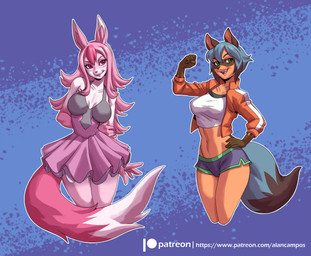 anthro black_tail_tip blue_hair bottomwear breasts brown_body brown_fur clothing dipstick_tail dolphin_shorts duo eyebrows eyelashes facial_markings female flexing fur green_eyes hair hand_on_hip head_markings jacket long_hair looking_at_viewer markings mask_(marking) multicolored_hair navel navel_piercing open_mouth open_smile piercing pink_body pink_eyes pink_fur pink_hair short_hair shorts smile tail tail_markings tongue tongue_out topwear two_tone_hair white_tail_tip alanscampos brand_new_animal studio_trigger michiru_kagemori nazuna_hiwatashi canid canine fox mammal raccoon_dog 2021 hi_res