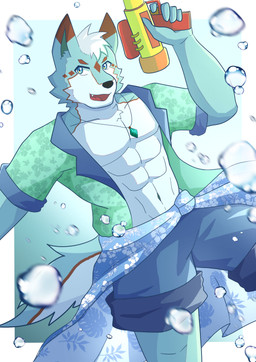 abs anthro athletic athletic_male blue_body blue_eyes clothed clothing hair male open_clothing open_shirt open_topwear pecs shirt solo topwear toy toy_gun water_gun white_hair dragokaizer666 minato_(dragokaizer) canid canine canis domestic_dog husky mammal nordic_sled_dog spitz absurd_res hi_res