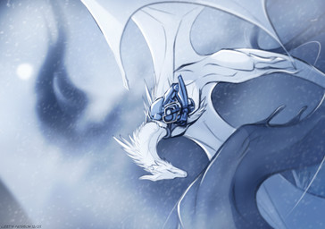 ambiguous_gender feet feral fingers flying horn long_neck looking_at_viewer membrane_(anatomy) membranous_wings outside snout snow snowing solo spread_wings tail toes wings lizet mythology amelyndra_(lizet) dragon mythological_creature mythological_scalie scalie 2025 blue_and_white dated digital_drawing_(artwork) digital_media_(artwork) monochrome female_(lore)