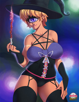 1_eye armwear clothed clothing female hair hat headgear headwear humanoid_pointy_ears legwear looking_at_viewer multicolored_hair not_furry pointy_ears purple_eyes short_hair smile solo two_tone_hair wand witch_hat souladdicted viviana_(souladdicted) cyclops humanoid 2016 hi_res