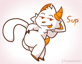 anthro anus balls butt genitals horn looking_at_viewer male solo text tunemon bovid caprine goat mammal 2023 character_request digital_media_(artwork) english_text hi_res