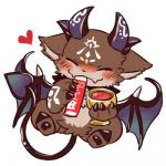 blush chibi container cup ears_down eating eyes_closed fangs front_view fur goblet grey_body grey_fur heart_symbol horn membrane_(anatomy) membranous_wings pivoted_ears solo spade_tail tail teeth wings doggiemonkey nijisanji vtuber debidebi_debiru demon mammal 1:1 digital_media_(artwork) full-length_portrait low_res portrait