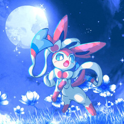 ambiguous_gender blue_eyes blush blush_lines bow_(anatomy) fangs featureless_crotch feral flower fur grass midair moon open_mouth paws pink_body pink_fur plant ribbons_(anatomy) sky solo sparkles star starry_sky tail teeth tongue white_body astella1204 nintendo pokemon eeveelution generation_6_pokemon pokemon_(species) sylveon 1:1 2025 signature