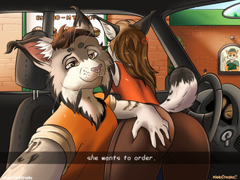 angry anthro bangs brick_building brown_hair building butt butt_grab camera_phone cameraman car driving duo fast_food female food fur gesture grey_body grey_fur grey_tail hair hand_gesture hand_on_butt male narrowed_eyes orange_body orange_fur sky tail teasing text thumbs_up vehicle yellow_eyes xleb0rezka annet_(xleb0rezka) rocky_(xleb0rezka) domestic_cat felid feline felis lynx mammal 2022 4:3 digital_drawing_(artwork) digital_media_(artwork) english_text hi_res meme russian_text watermark