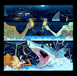alcohol baseball_cap beverage bikini blue_body boat body_hair bracelet chest_hair clothing dorsal_fin faceless_character faceless_female faceless_human faceless_male facial_piercing female feral fin gills group hat headgear headwear hot_tub jewelry male male/female musical_note musical_symbol necklace night nose_piercing nose_ring open_mouth outside partially_submerged piercing ring_piercing scar scared septum_piercing septum_ring swimwear symbol trio two-piece_swimsuit vehicle water watercraft herny jawlene_(herny) fish human mammal marine shark 2025 absurd_res comic hi_res