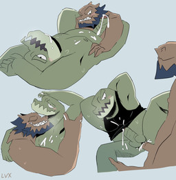 anal anal_penetration anthro anthro_on_anthro anthro_penetrated anthro_penetrating anthro_penetrating_anthro anus balls blush bodily_fluids bottomless brown_body butt clothed clothing cum cum_inside duo erection exposed eyes_closed fur genital_fluids genitals grey_body hair hands_behind_back hug male male/male male_penetrated male_penetrating male_penetrating_male muscular nipples nude open_mouth orgasm overweight overweight_male penetration penis sex smile sweat teeth topwear lvx mythology alligator alligatorid crocodile crocodilian dragon mythological_creature mythological_scalie reptile scalie absurd_res character_request hi_res