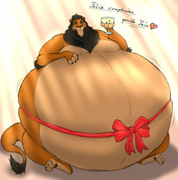 anthro belly big_belly bow_ribbon claws fur glass half-closed_eyes holding_glass holding_object huge_belly looking_at_viewer male mane morbidly_obese morbidly_obese_anthro morbidly_obese_male mouth_closed narrowed_eyes nude obese obese_anthro obese_male overweight overweight_anthro overweight_male paws ribbon_only sitting smile smiling_at_viewer solo tail tail_tuft text tuft whiskers hectorthewolf disney the_lion_king scar_(the_lion_king) felid lion mammal pantherine 2024 hi_res spanish_text