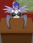 2015 anthro big_breasts blue_hair breasts cleavage clothed clothing desk equid equine eyebrows eyelashes fan_character feathered_wings feathers female furniture green_eyes hair hasbro hi_res horn kloudmutt mammal mariah_wolves multicolored_hair my_little_pony mythological_creature mythological_equine mythology smile solo table two_tone_hair white_hair winged_unicorn wings