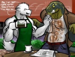 2012 abs achilles_(achilles) anthro beverage bgn biceps canid canine canis clothing coffee dialogue diarmaidhutchence digital_media_(artwork) dinosaur duo empty_eyes english_text food humor male mammal muscular nipples ouch pecs prehistoric_species reptile scalie smile standing tail text theropod tyrannosaurid tyrannosauroid tyrannosaurus tyrannosaurus_rex wolf zeke_(diarmaidhutchence)