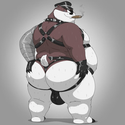 anthro belly big_belly big_butt bulge butt cigar clothing eye_patch eyewear harness hat headgear headwear huge_butt jockstrap leather leather_clothing leather_daddy male obese overweight overweight_male smoking solo underwear bobbellyboy cartoon_network mao_mao:_heroes_of_pure_heart badgerclops badger mammal mustelid musteline 1:1 hi_res