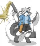 ambiguous_gender bio_weapon biochemical_warfare blue_eyes briefcase fur grey_body grey_fur grey_hair gun hair holster launcher ranged_weapon shooting solo stripes weapon white_body white_fur sakamata mammal mephitid skunk hi_res