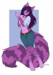 5_fingers anthro biped blue_eyes breasts clothed clothing collar digitigrade female fingers fluffy fluffy_tail fur hair medium_breasts midriff navel open_mouth purple_body purple_fur purple_hair purple_stripes smile solo standing striped_body striped_fur stripes tail wide_hips ajna katida mammal hi_res