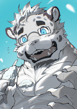 anthro black_ears black_eyebrows blue_background chest_tuft claws clothing dessert eyebrows eyewear fangs finger_claws food fur glasses grey_body grey_fur hair holding_food holding_ice_cream holding_object ice_cream ice_cream_on_pecs male melting_ice_cream open_mouth pawpads rectangular_glasses shirt simple_background solo tank_top teeth tongue_showing topwear tuft wearing_glasses white_body white_clothing white_ears white_fur white_hair white_shirt white_tank_top white_topwear worried chiayeeee felid mammal pantherine snow_leopard 2025 bust_portrait digital_drawing_(artwork) digital_media_(artwork) hi_res portrait signature