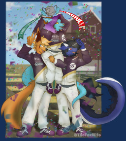 anthro award confetti ear_piercing facial_piercing gesture green_eyes group hand_gesture horn nose_piercing nose_ring piercing racing_suit red_eyes ring_piercing sitting_on_shoulders tail trio trophy v_sign yellow_sclera thefoxwife mythology canid canine dragon fennec_fox fox kobold mammal mythological_creature mythological_scalie scalie true_fox hi_res