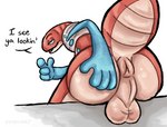 anthro anus balls butt dialogue genitals gesture hand_gesture looking_at_viewer looking_back male pointing pointing_at_viewer presenting presenting_hindquarters raised_tail solo tail syndhart nintendo pokemon generation_9_pokemon orthworm pokemon_(species) worm hi_res