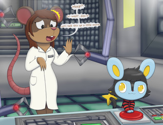anthro bdsm bondage bound female feral laboratory male objectification peril robotic_arm role_reversal text charly-sparks jewelpet nintendo pokemon sanrio sega sega_fave charlx lucille_(stripedcrocodile) generation_4_pokemon luxio mammal mouse murid murine pokemon_(species) rodent absurd_res english_text hi_res story story_in_description