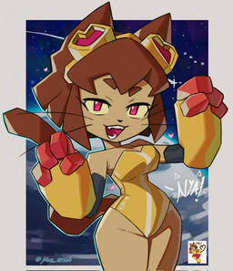 4_fingers anthro breasts brown_body brown_hair clothing eyebrows eyelashes eyewear eyewear_on_head female fingers goggles goggles_on_head hair heart_symbol leotard looking_at_viewer magenta_eyes open_mouth open_smile smile solo whiskers wide_hips yellow_sclera yos_ev666 gameoverse glitch_productions kit_bodega domestic_cat felid feline felis mammal 2026 hi_res