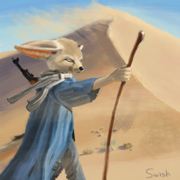 ak_platform anthro assault_rifle clothed clothing desert gun inner_ear_fluff male ranged_weapon rifle sand sand_dune solo staff tuft weapon whiskers wind yellow_eyes swish canid canine fennec_fox fox mammal true_fox 1:1 hi_res