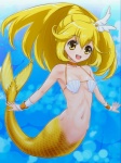 5_fingers blonde_hair bra breasts choker cleavage clothed clothing cuff_(restraint) eyebrows eyelashes female fingers fish_tail hair happy jewelry long_hair monster_girl_(genre) navel necklace open_mouth restraints seashell_bra shell skimpy small_breasts smile solo split_form swimwear underwear wrist_cuffs yellow_eyes rasukaru smile_pretty_cure cure_peace kise_yayoi marine merfolk 3:4 full-length_portrait hi_res portrait