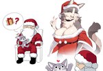 anthro big_breasts breasts christmas_clothing christmas_headwear cleavage clothed clothing countershading duo female fur grey_body grey_fur hair hat headgear headwear holidays huge_breasts santa_hat simple_background cervina7_(artist) christmas santa_claus canid canine canis felid feline mammal absurd_res hi_res