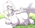 anthro big_breasts blue_eyes blush breasts claws crotch_tuft female fur grass_field lying naturally_censored nipple_tuft on_side semi-anthro simple_background solo tuft white_body white_fur winged_arms wings 7nulls nintendo pokemon generation_5_pokemon legendary_pokemon pokemon_(species) reshiram 5:4 absurd_res hi_res