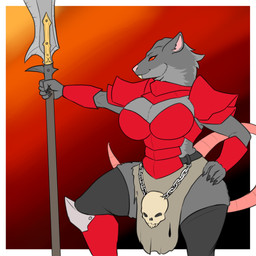 anthro armor big_breasts breasts cleavage clothed clothing female fur red_eyes simple_background smile solo tail teeth thick_thighs weapon blackbetty warhammer_(franchise) warhammer_fantasy mammal murid murine rat rodent skaven 1:1 hi_res
