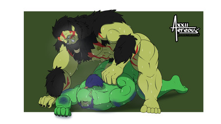 anal anal_penetration anthro arm_grab arm_hair armpit_hair bald beard black_nails black_nose blue_hair blush blush_lines bodily_fluids body_hair braided_beard brown_hair colored_nails dominant dominant_male duo facial_hair green_background green_body green_nipples hair humanoid_on_humanoid humanoid_penetrated humanoid_penetrating humanoid_penetrating_humanoid humanoid_pointy_ears looking_at_another looking_down looking_pleasured male male/male male_on_anthro male_on_bottom male_penetrated male_penetrating male_penetrating_male markings muscular muscular_anthro muscular_male muscular_thighs nails nipples on_bottom penetration penile penile_penetration penis_in_ass pointy_ears ponytail pubes pubes_exposed sex simple_background submissive submissive_male sweat tusks aereous igroc_(secretkaal) humanoid mammal orc 16:9 digital_drawing_(artwork) digital_media_(artwork) digital_painting_(artwork) hi_res painting_(artwork) widescreen