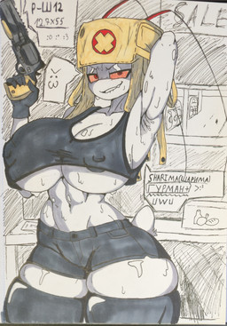 abs armpit_fetish big_breasts bodily_fluids breasts clothing female hat headgear headwear legwear looking_at_viewer nipples_visible_through_clothing rsh-12 shirt solo stockings sweat sweatdrop tank_top topwear wide_hips great_hendy animal_humanoid arthropod arthropod_humanoid blattodean cockroach cockroach_humanoid humanoid insect insect_humanoid absurd_res hi_res traditional_media_(artwork)
