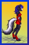 ankle_bracers anthro armwear biped black_body black_fur blaze_(marking) blue_border blue_hair border bottomwear clothing ears_up facial_markings female fingerless_(marking) fur gradient_background hair head_markings humanoid_pointy_ears legwear looking_down markings miniskirt orange_background pink_nose pointy_ears red_armwear red_bottomwear red_clothing red_legwear red_topwear side_view simple_background skirt solo standing stone_floor striped_markings striped_tail stripes tail tail_markings topwear kekpafrany mammal mephitid skunk 2010 colored digital_media_(artwork) full-length_portrait portrait