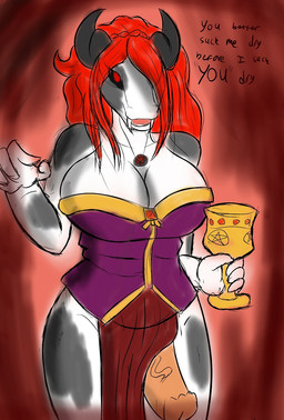 anthro breasts cleavage clothed clothing erection fangs genitals gynomorph horn intersex penis solo teeth text makarimorph bovid bovine mammal vampire digital_media_(artwork) english_text