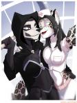 anthro black_hair clothed clothing costume duo female hair holidays melee_weapon nurse polearm pose scythe selfie underwear weapon white_eyes yellow_eyes holtz halloween canid canine felid mammal reaper_(disambiguation) 3:4