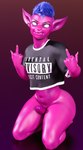 big_ears blue_hair bottomless clothed clothing crop_top genitals gesture hair hand_gesture kneeling looking_at_viewer male middle_finger no_pupils penis piercing purple_body shirt solo topwear bustin3d draagen_(bustin3d) humanoid imp 3d_(artwork) absurd_res digital_media_(artwork) hi_res