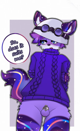anthro armor balls blue_eyes blush bottomless chastity_cage chastity_device clothed clothing cosmic_fur eyewear eyewear_on_head femboy flat_chastity_cage front_view fur genitals glasses glasses_on_head hair hands_behind_back headgear helmet looking_aside male multicolored_body outline short_hair shy simple_background solo speech_bubble tail luckesha absurd_res digital_media_(artwork) hi_res