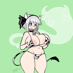 alternate_species animal_print animal_print_bikini areola areola_slip big_breasts bikini blue_eyes blush breasts camel_toe clothing cow_print cow_print_bikini cowbell female genitals grey_hair hair holding_breast horn huge_breasts huge_thighs navel obscured_inner_labia open_mouth pattern_bikini pattern_clothing pattern_swimwear solo standing swimwear tail text thick_thighs two-piece_swimsuit vulva wide_hips zedrin touhou youmu_konpaku animal_humanoid bovid bovid_humanoid bovine bovine_humanoid cattle_humanoid horned_humanoid humanoid mammal mammal_humanoid 1:1 signature