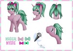 accessory bow_ribbon chest_tuft cutie_mark female feral green_eyes green_hair green_tail hair hair_accessory hair_bow hair_bows hair_ribbon horn pink_body ribbons simple_background smile solo tail teal_hair tuft twintails_(hairstyle) unicorn_horn white_background unknown_artist hasbro my_little_pony fan_character mystic_(magicalmysticva) equid equine horse mammal pony digital_drawing_(artwork) digital_media_(artwork) hi_res model_sheet