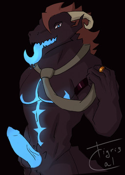 abdominal_markings anthro black_background black_body black_fur blue_eyes blue_markings blue_tongue bodily_fluids erection fur genitals glowing gold_ring hair hand_on_penis horn looking_at_viewer male markings nude penis red_hair saliva simple_background solo teasing tongue tongue_out tigriscal scalie absurd_res digital_drawing_(artwork) digital_media_(artwork) hi_res signature