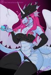 anthro big_breasts blush breasts claws clothed clothing condom corset feathered_wings feathers female gloves hair handwear heart_symbol horn huge_breasts legwear lingerie looking_at_viewer nipple_piercing nipples panties piercing sexual_barrier_device simple_background smile solo stockings tail tongue topwear underwear wings fleet-foot mythology syldria dragon mythological_creature mythological_scalie scalie 2023 digital_media_(artwork) hi_res sketch