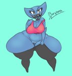 big_breasts black_eyes black_lips blue_body bottomwear bottomwear_down breasts cleavage clothed clothing female genitals huge_hips huge_thighs hyper hyper_hips hyper_thighs lips looking_at_viewer not_furry pants pants_down partially_clothed pussy shirt solo tank_top text thick_lips thick_thighs topwear wide_hips kendalljt boryana alien alien_humanoid amphibian diplocaulus humanoid nectrid english_text hi_res