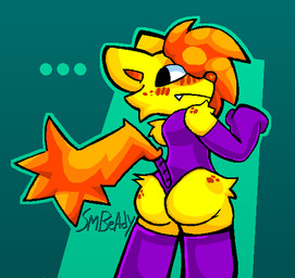 anthro armwear blush butt clothed clothing crossdressing elbow_gloves femboy freckled_butt freckled_face freckled_shoulders freckles fur gloves hair handwear legwear leotard looking_back low-angle_view male orange_hair orange_tail pose presenting presenting_hindquarters raised_arms solo tail thigh_highs yellow_body yellow_fur smbeady domestic_cat felid feline felis mammal 2024 digital_media_(artwork)